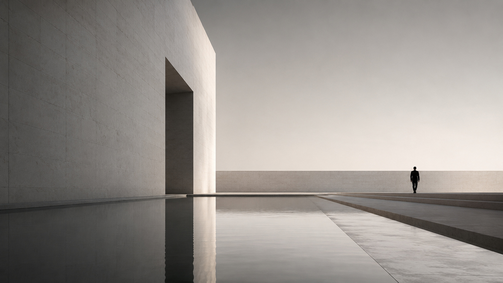 Monumental minimal interior with a solitary figure approaching a light-filled stair