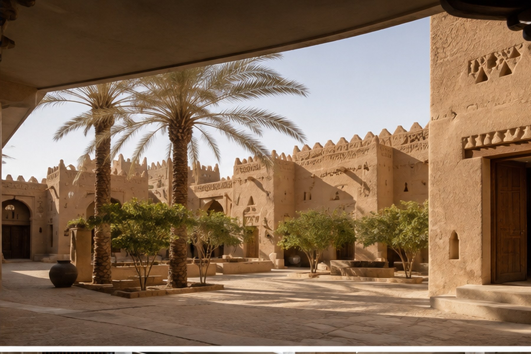 Saudi heritage architecture and palm courtyard
