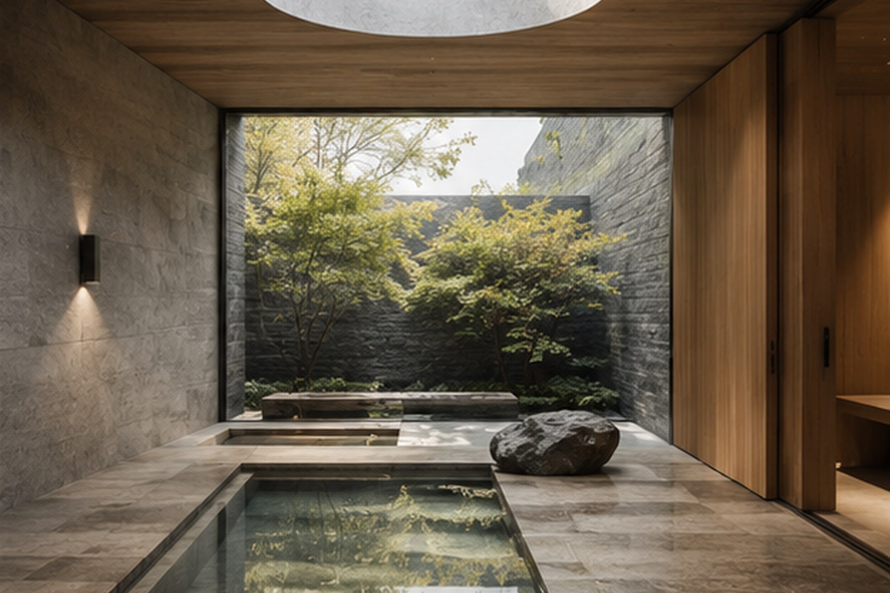 Calm hospitality space shaped by water, light, material and nature