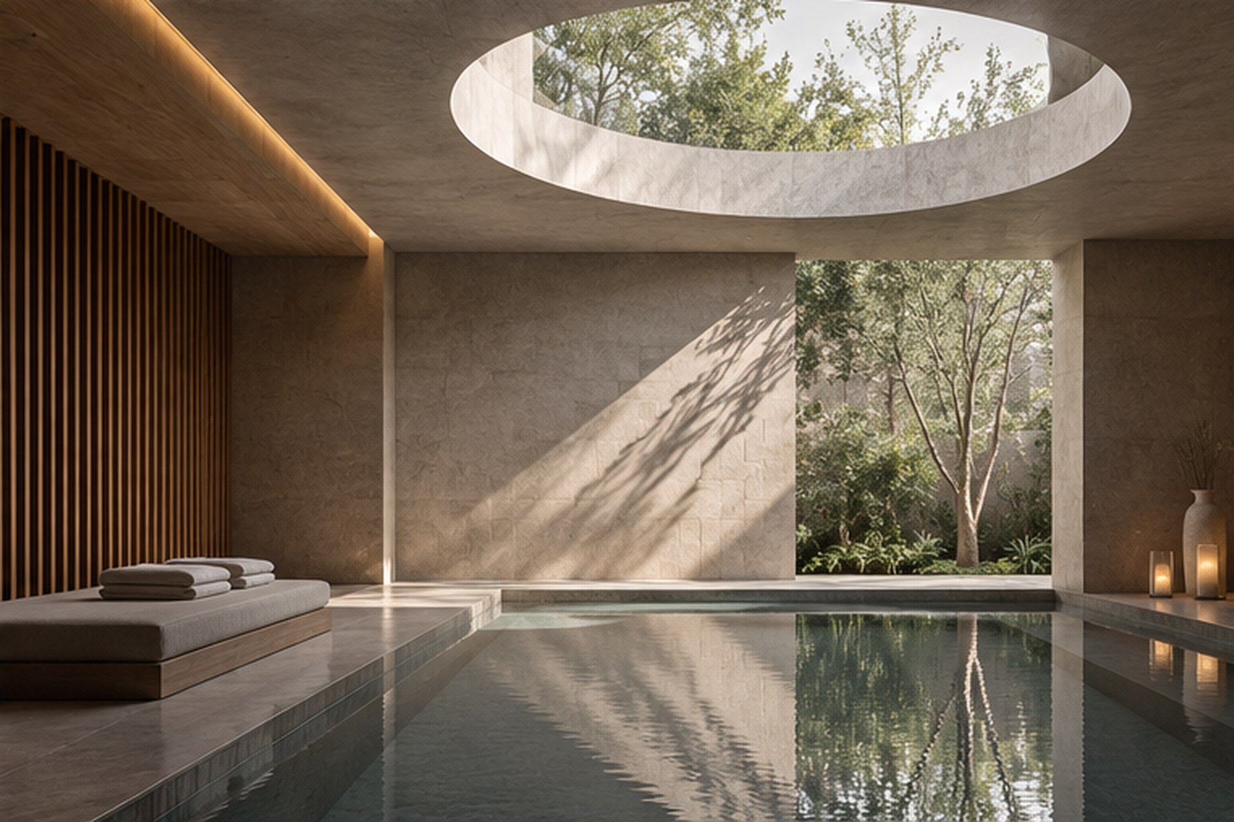 Quiet wellbeing space defined by light, material, landscape and spatial calm